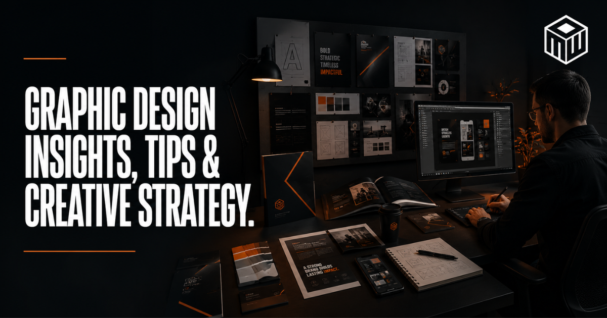 Dark graphic design workspace with large text: “Graphic Design Insights, Tips & Creative Strategy.”