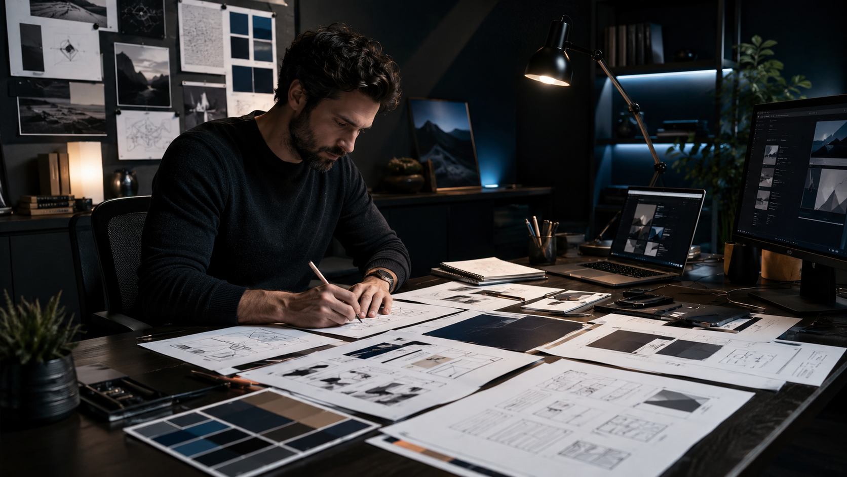 Graphic designer planning a new client project with sketches, color samples, and layout notes.