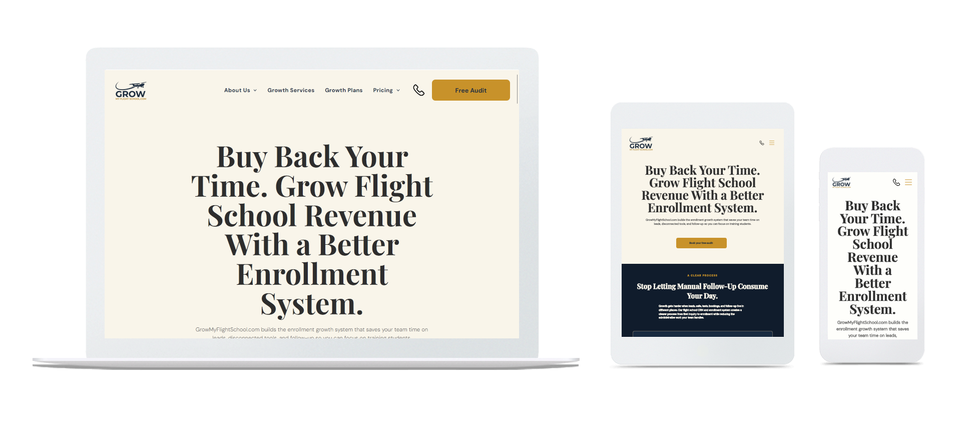 Grow My Flight School Website mockup on laptop and phones for a time management school program, with dark blue and gold accents