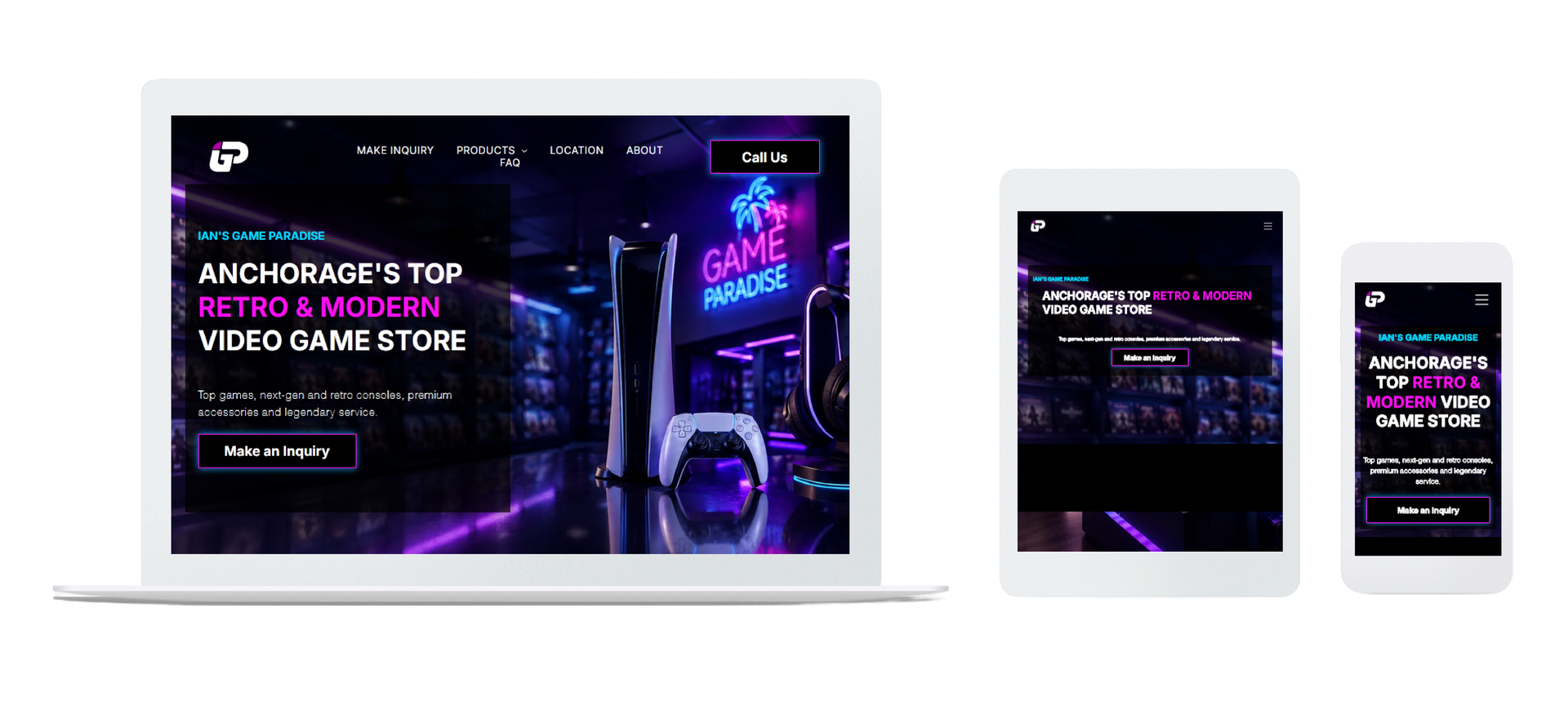 Ian's Game Paradise responsive neon-lit website mockup on laptop, tablet, and phone screens