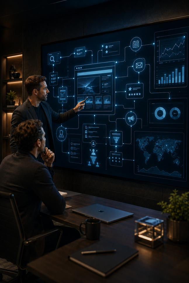 integrated digital strategy planning Business owner and marketing specialist mapping a connected digital strategy on a large display.