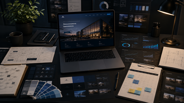 integrated website marketing strategy Laptop surrounded by website wireframes, brand materials, search reports, and content plans.