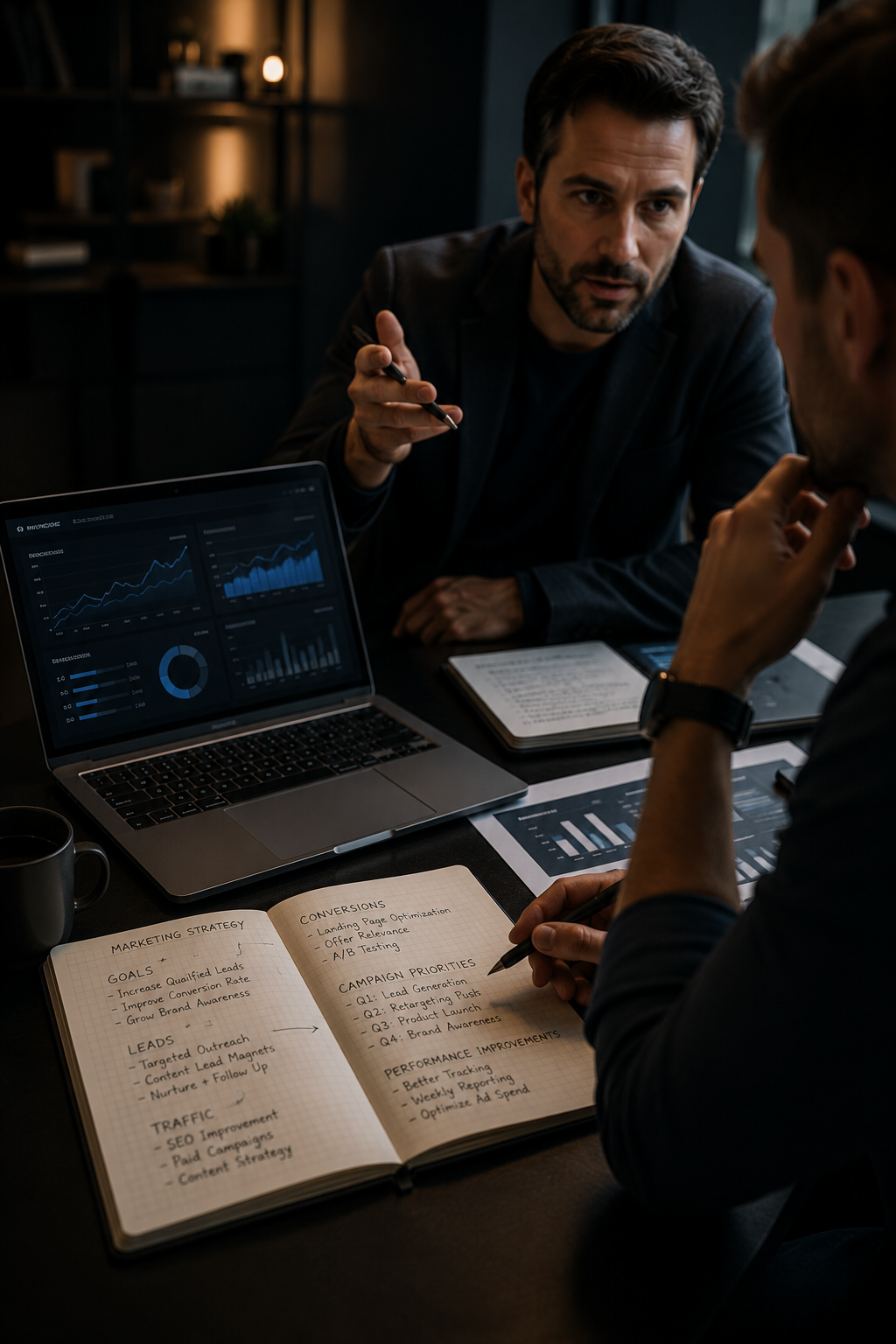 Marketing goals and performance priorities written beside a laptop during a strategy discussion.
