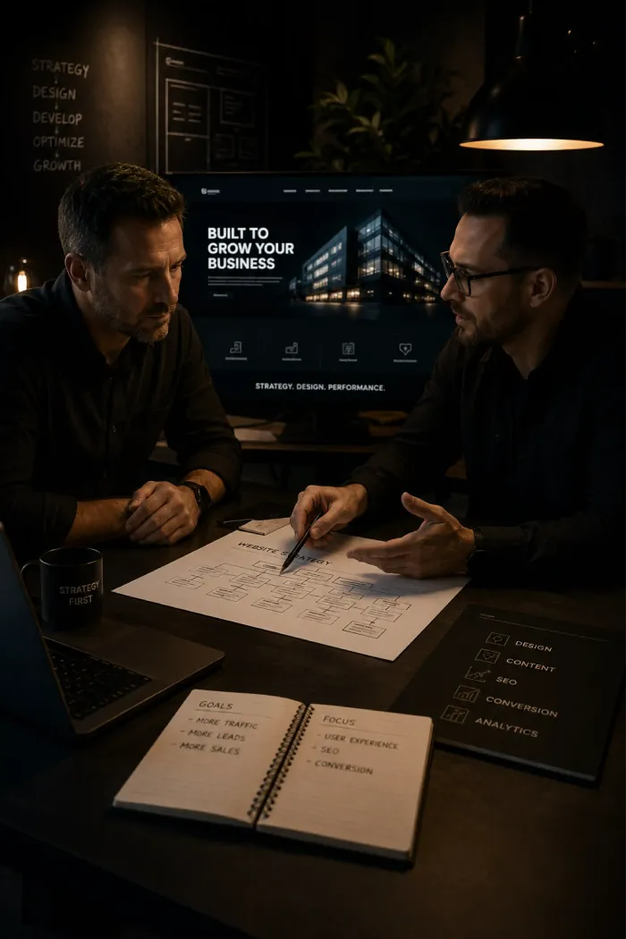 Performance Benchamarks & Statewide accountability Two people discuss blueprints at a dimly lit desk with a laptop and open notebook.