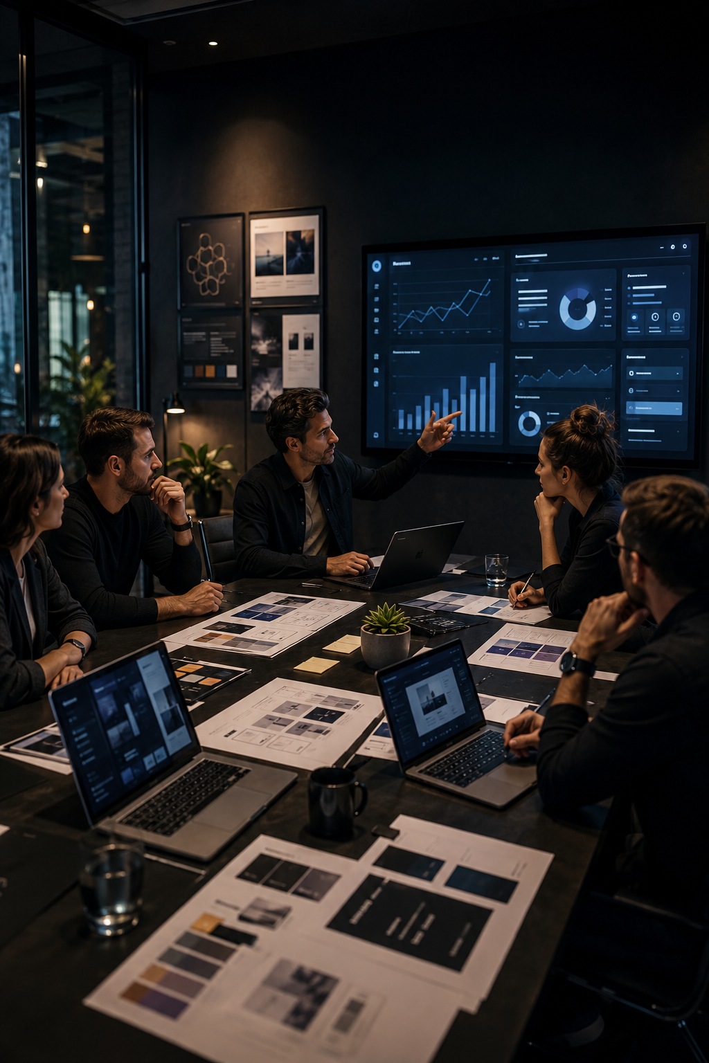 Verified Technical Speed Baselines & Regional Coverage Team meeting in a dim conference room, with analysts reviewing charts on a large wall display.