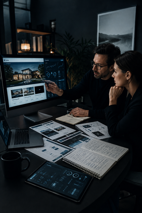 Professional Digital Marketing web designer and digital marketer reviewing digital strategies and a website.