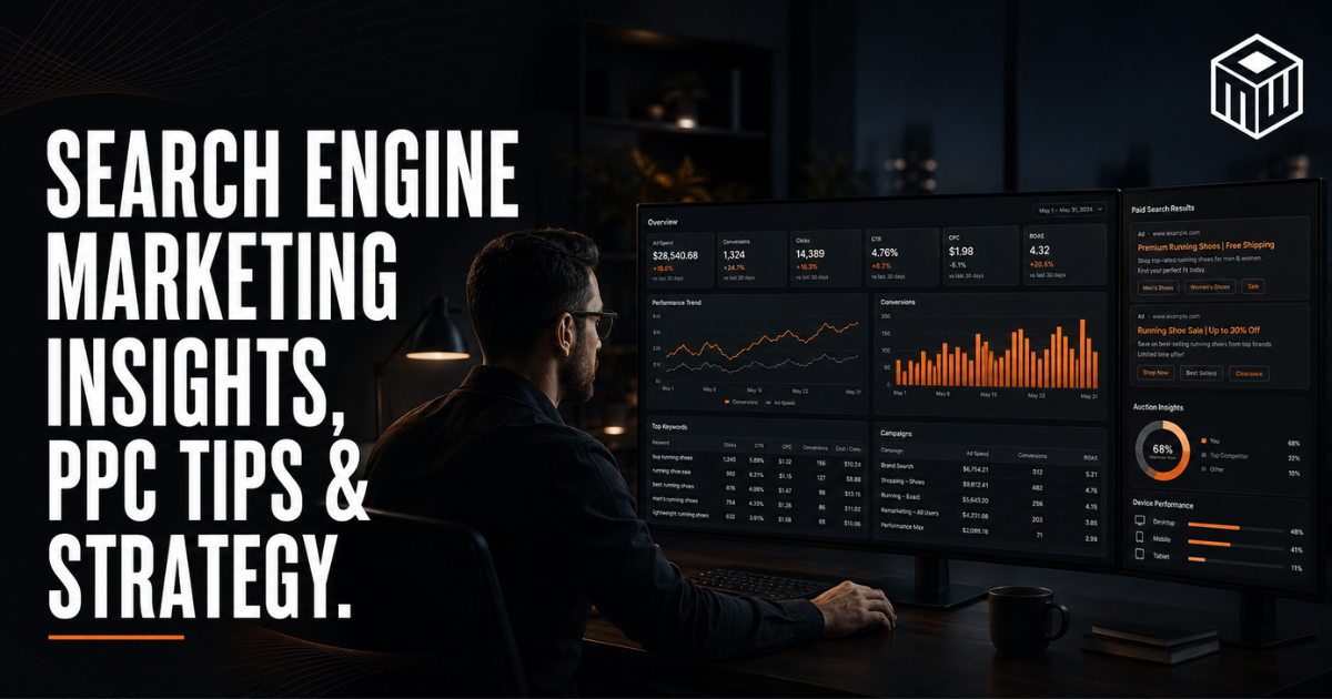 Dark marketing dashboard with orange charts and text: “Search Engine Marketing Insights, PPC Tips & Strategy.”