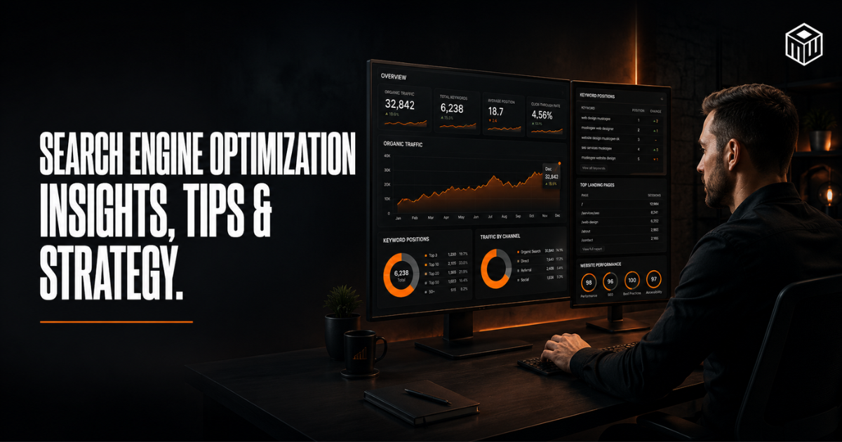 Dark SEO dashboard with man at desktop and headline “Search Engine Optimization Insights, Tips & Strategy”