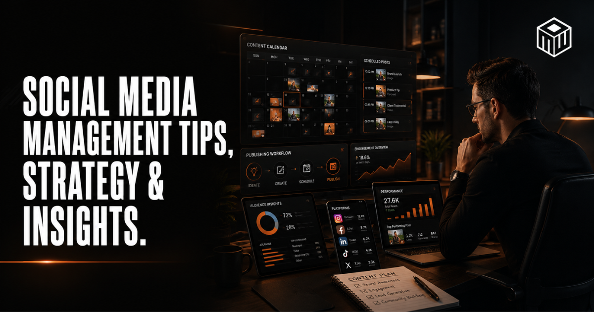 Social media management tips and strategy graphic with a person at a computer in a dark workspace