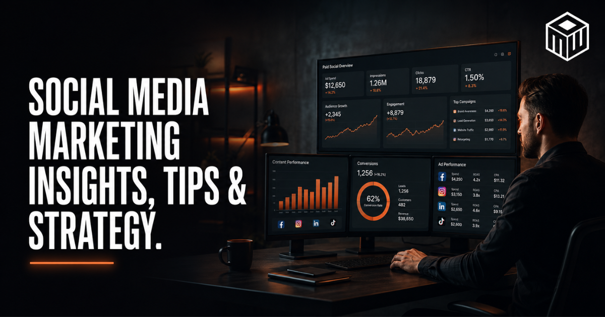 Social media marketing dashboard on dark screen with a person viewing analytics and strategy text
