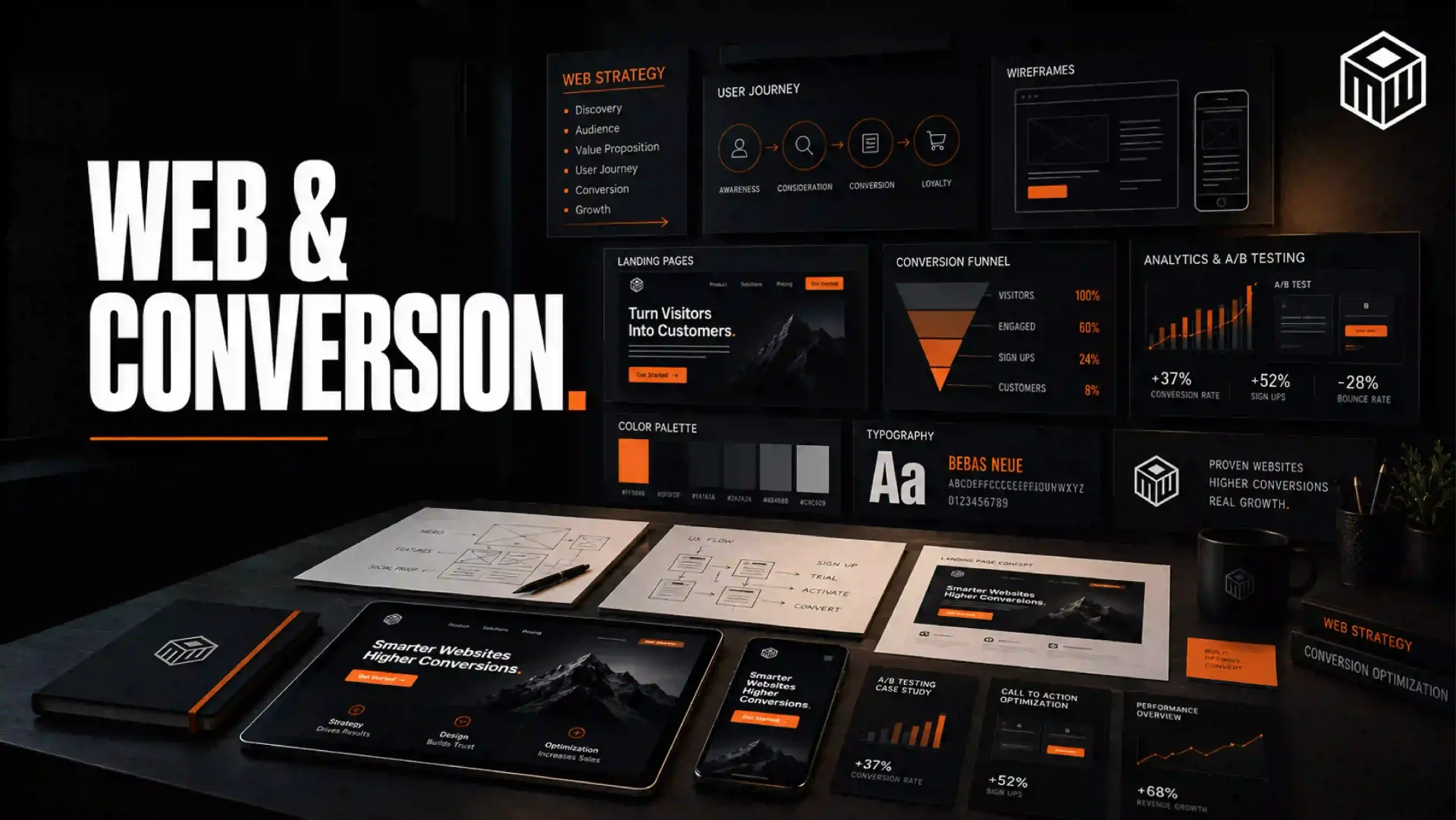 Dark web design dashboard with charts and tablets; bold text reads “WEB & CONVERSION.”