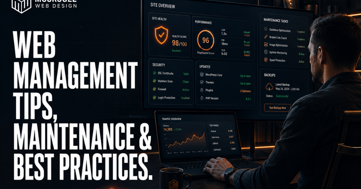 Web management tips, maintenance and best practices text beside a person using a dashboard in a dark office