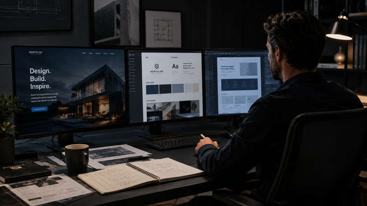website branding conversion services Designer reviewing a business website, brand guidelines, and conversion-focused page layout on multiple screens.