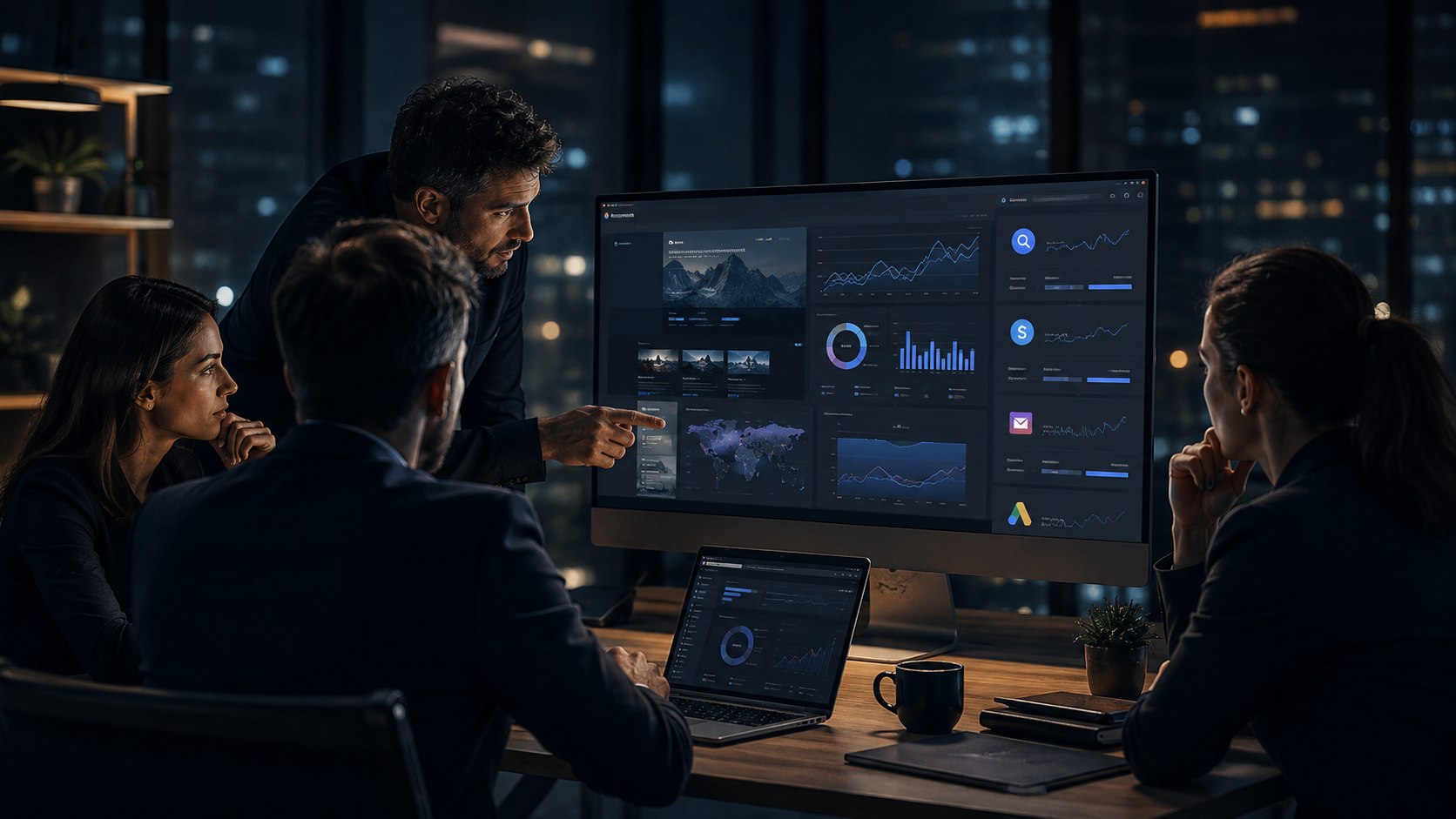 Business website, search performance, and marketing channels being reviewed on a computer by a team.