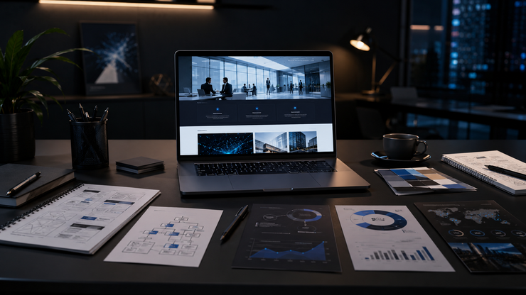 Website Marketing Strategy Dark modern office with nighttime city view, large desk, plans, and glowing screens