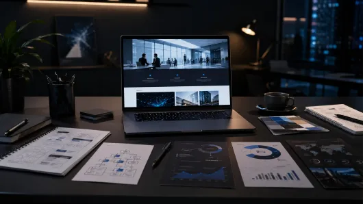 Website Marketing Strategy Dark modern office with nighttime city view, large desk, plans, and glowing screens