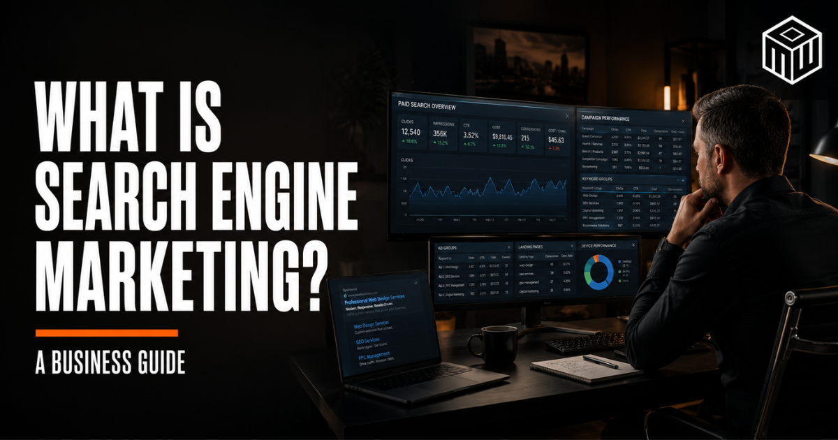 Text: “What Is Search Engine Marketing? A Business Guide” over a man at a desk with multiple monitors in a dark office.