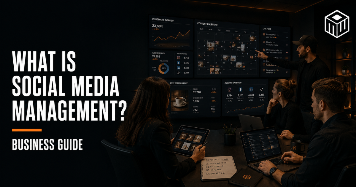 Business guide cover: “What is Social Media Management?” over a dark office with marketing analytics screens
