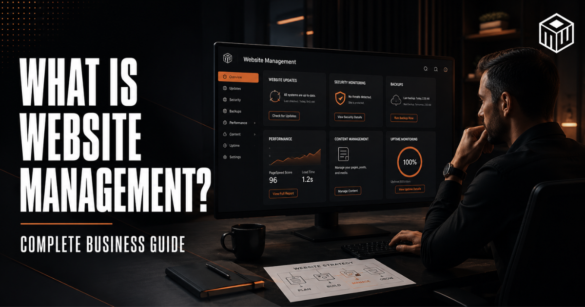 Title graphic: “What is Website Management?” with a person viewing a dark analytics dashboard on a laptop.