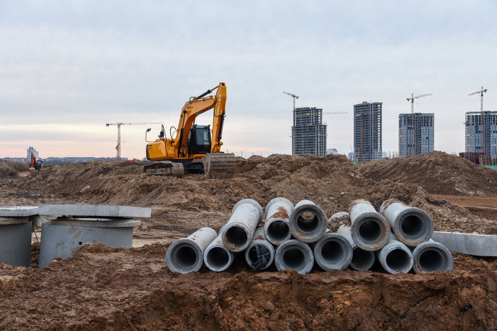 Construction site with yellow excavator, stacked concrete pipes, and building foundations under development at sunset