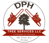 Logo for DPH Tree Services: circle with chainsaws, tree, and text "Tree Services , Licensed & Insured, We Chop ALL Prices".