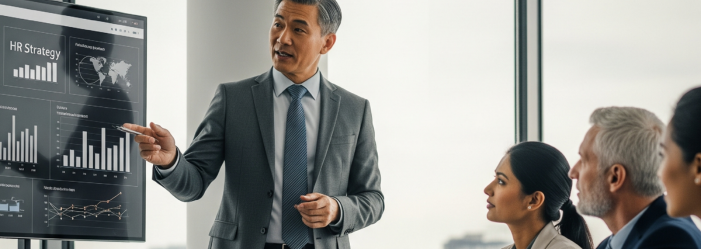 HR manager pointing pen to chart on screen while colleagues look on