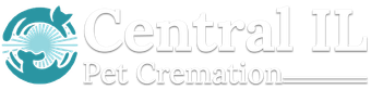 Teal logo for Central IL Pet Cremation featuring stylized animal shapes encircling a sunburst.
