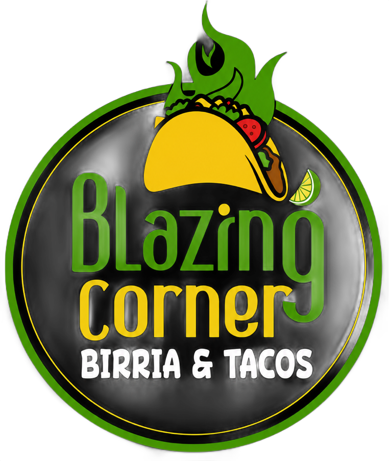 Blazing Corner Birria & Tacos logo with green chili pepper and yellow taco on a black circular badge