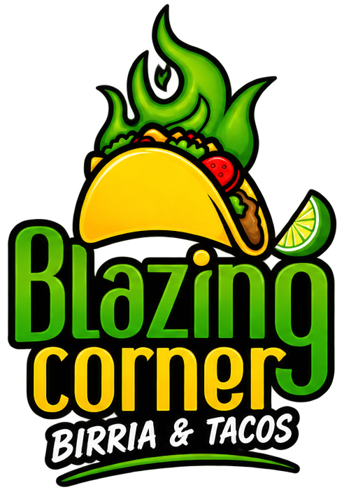 Blazing Corner Birria & Tacos logo with green chili pepper and yellow taco on a black circular badge