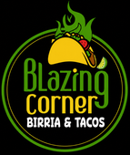 Blazing Corner Birria & Tacos logo with green flame, taco, lime, and black circular background