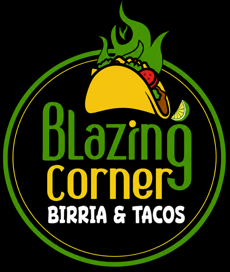 Blazing Corner Birria & Tacos logo with green flame, taco, lime, and black circular background