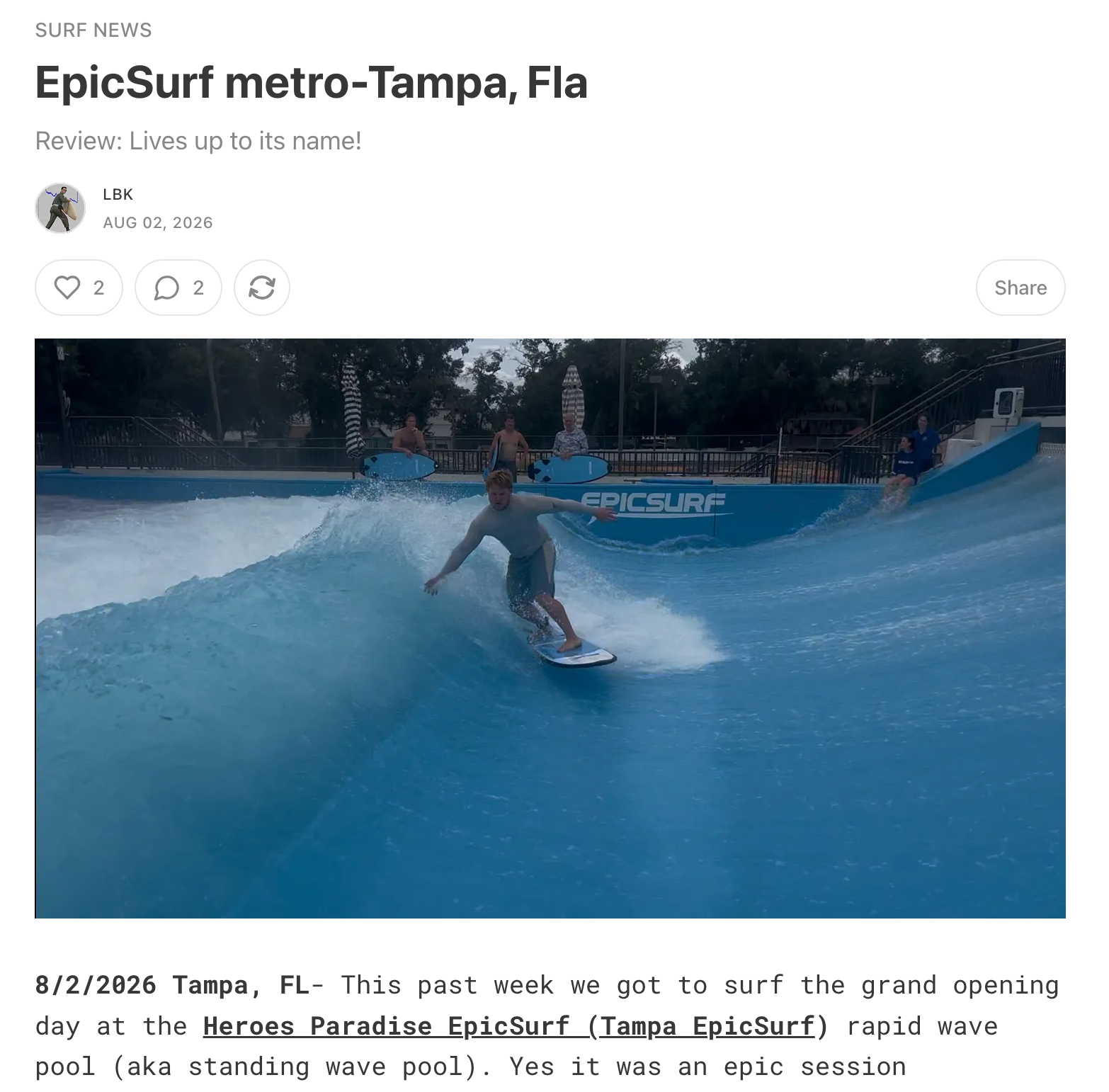 Surf News
EpicSurf metro-Tampa, Fla
Review: Lives up to its name!