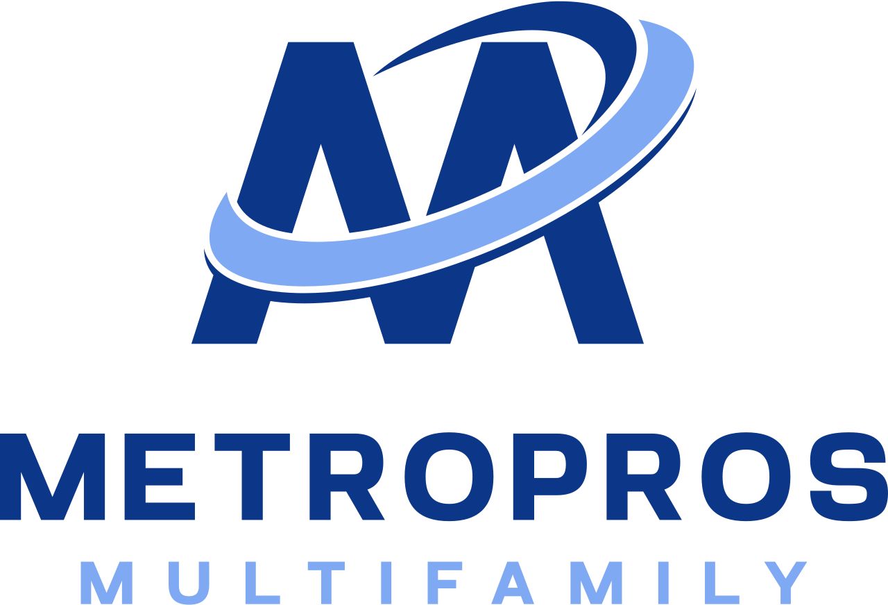 The logo for metropros multifamily is blue and white