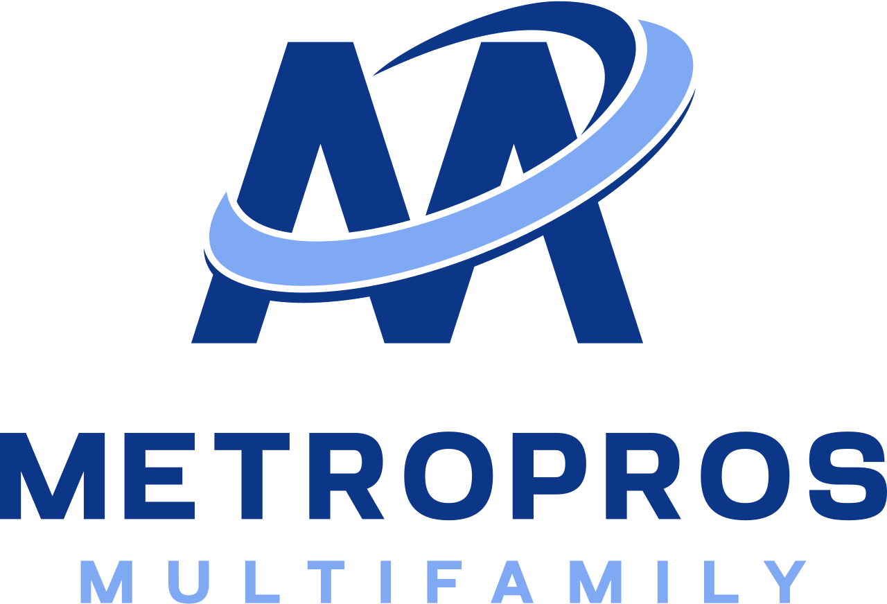 The logo for metropros multifamily is blue and white