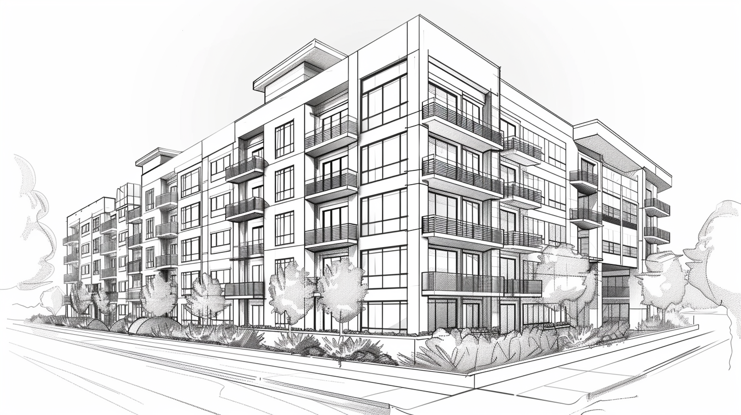 A black and white drawing of a large apartment building.