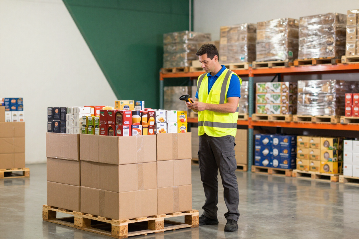 Warehouse worker reviewing pallets