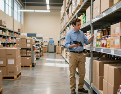 Distributor reviewing grocery inventory