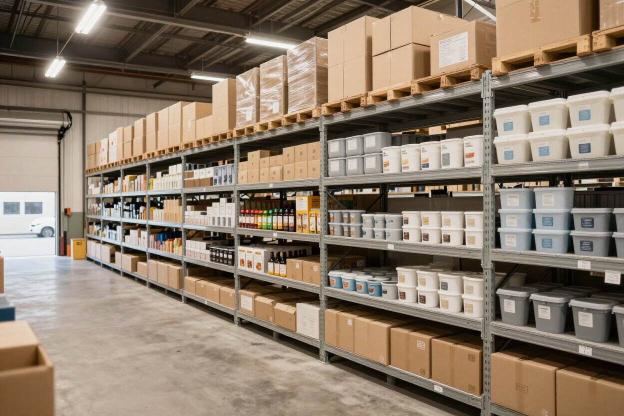 Warehouse shelving with organized grocery cases