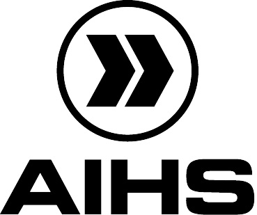 A black and white logo for aihs with an arrow in a circle.