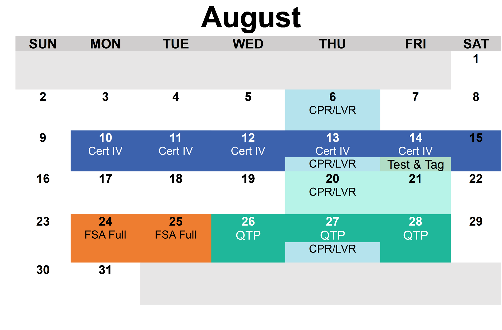 A calendar for the month of august with a list of exams