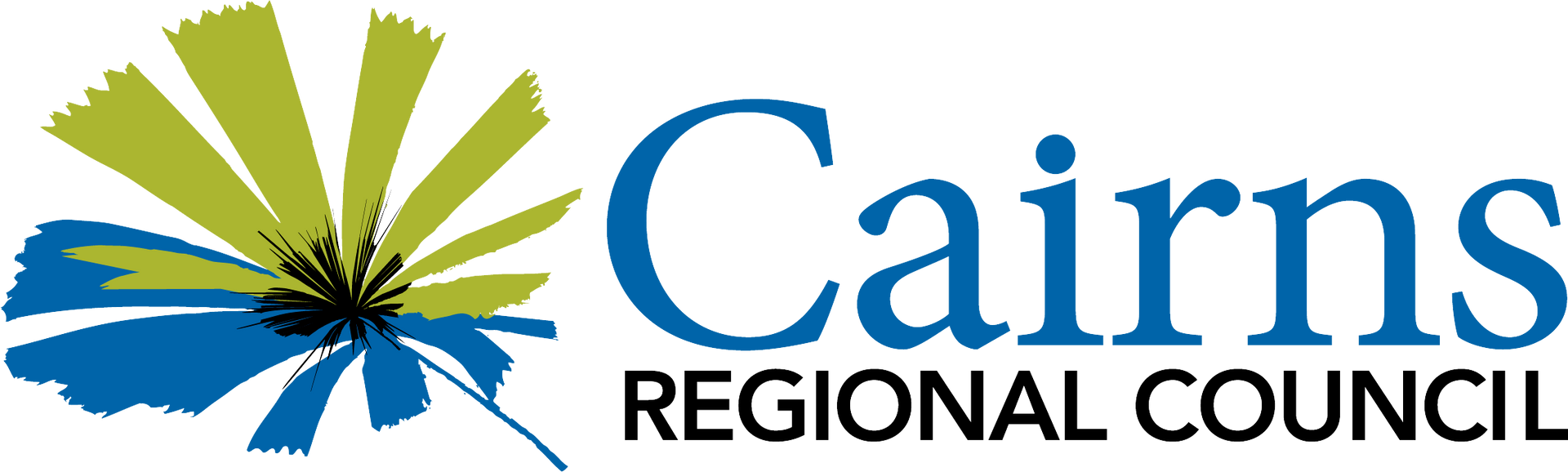 The cairns regional council logo has a blue and green flower on it.