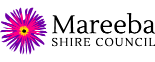 The mareeba shire council logo has a purple flower in the center.