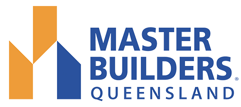 The logo for master builders queensland is blue and orange.