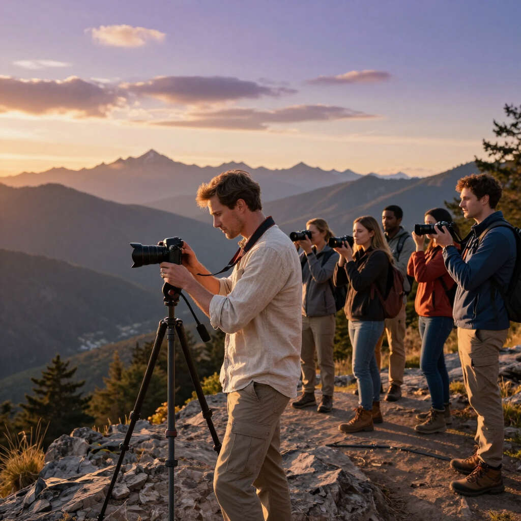 Fotógrafos usando trípodes al atardecer en un mirador de montaña con picos distantes y un cielo cálido.