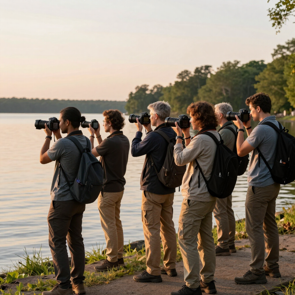 Grupo de fotógrafos con trípodes y cámaras tomando fotos junto a un lago al atardecer.