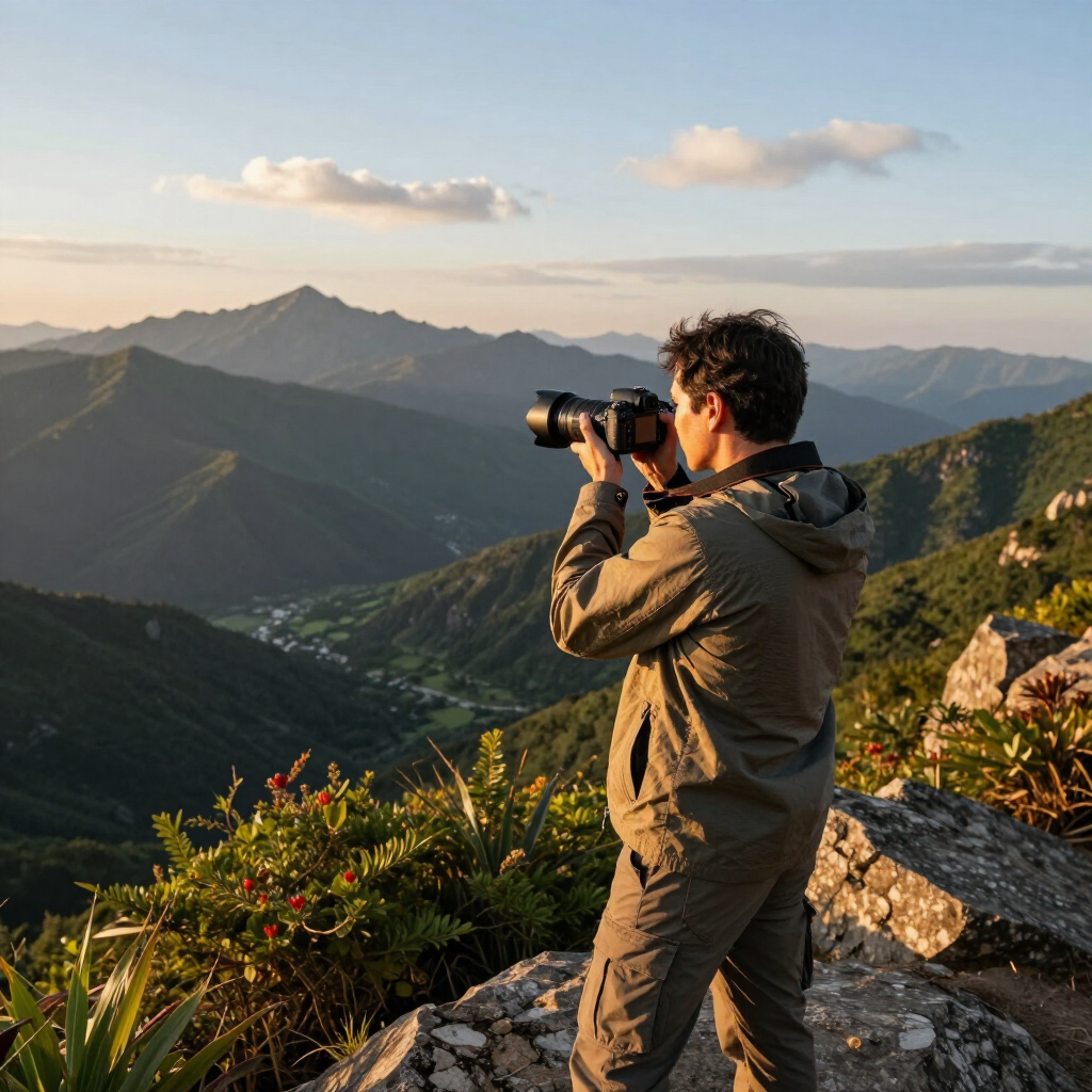Fotógrafo tomando una foto de un paisaje de montaña al atardecer desde un mirador rocoso.