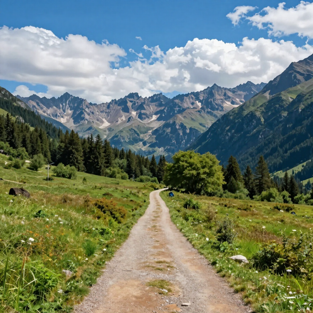 Sendero de montaña que atraviesa verdes prados hacia escarpadas cumbres bajo un cielo azul con nubes.