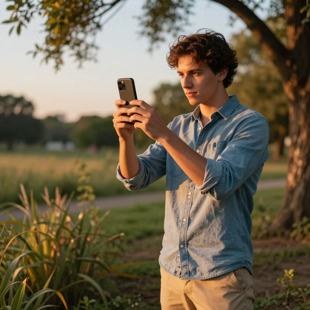 Persona con camisa azul tomando una foto con un teléfono inteligente en un parque o campo soleado.