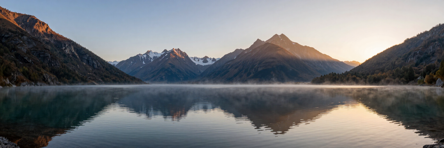 Cumbres nevadas reflejadas en un lago tranquilo al atardecer.