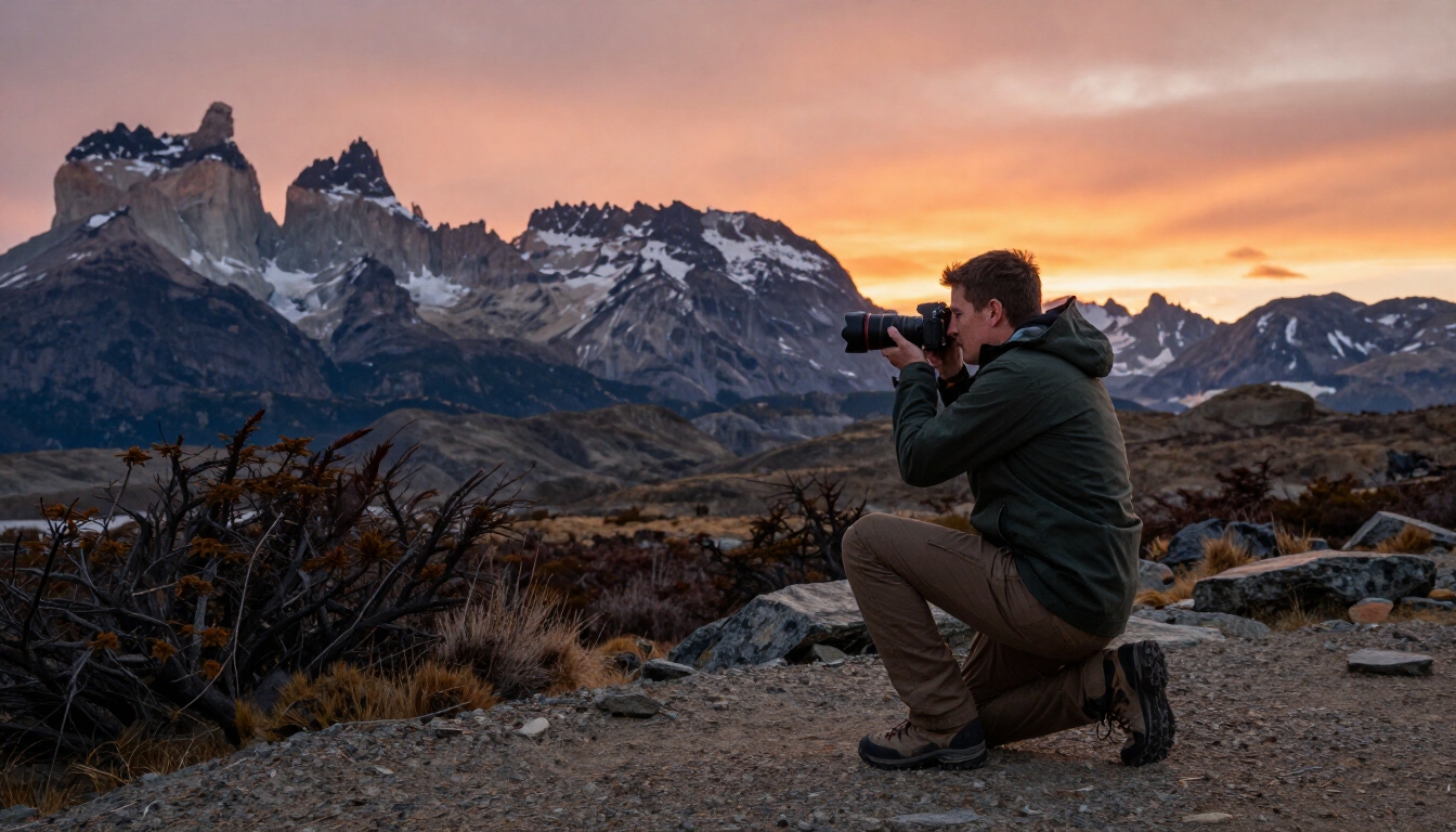 El fotógrafo se agacha en un sendero rocoso, apuntando la cámara hacia las montañas nevadas bajo un cielo teñido de rosa al atardecer.